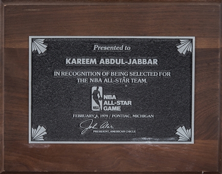 1979 All Star Plaque Presented to Kareem Abdul-Jabbar in Recognition Of Being Selected For The NBA All-Star Team (Abdul-Jabbar LOA)